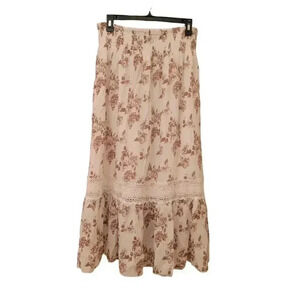 J Gee Women's White & Brown Floral Rayon/Poly Lace Lined Flowy Skirt